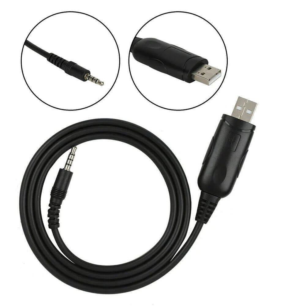 Baofeng UV3R programming cable with USB connector and audio jack for easy radio programming