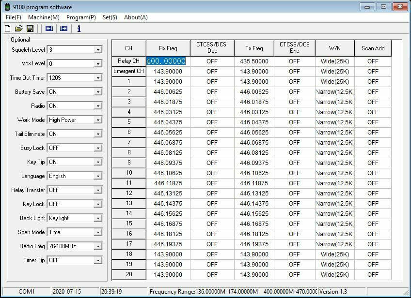 Baofeng UV9R programming cable connected to software for radio configuration settings