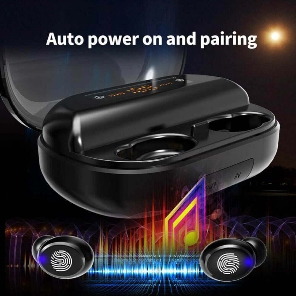 Bluetooth 5.0 wireless headphones in charging case with auto power on and pairing feature