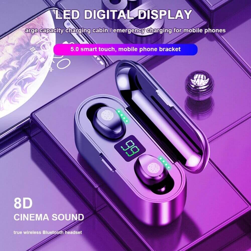 Bluetooth 5.0 wireless headphones in charging case with LED digital display and smart touch controls