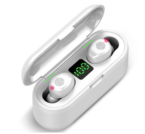 White OEM Bluetooth 5.0 wireless headphones with charging case and LED battery display