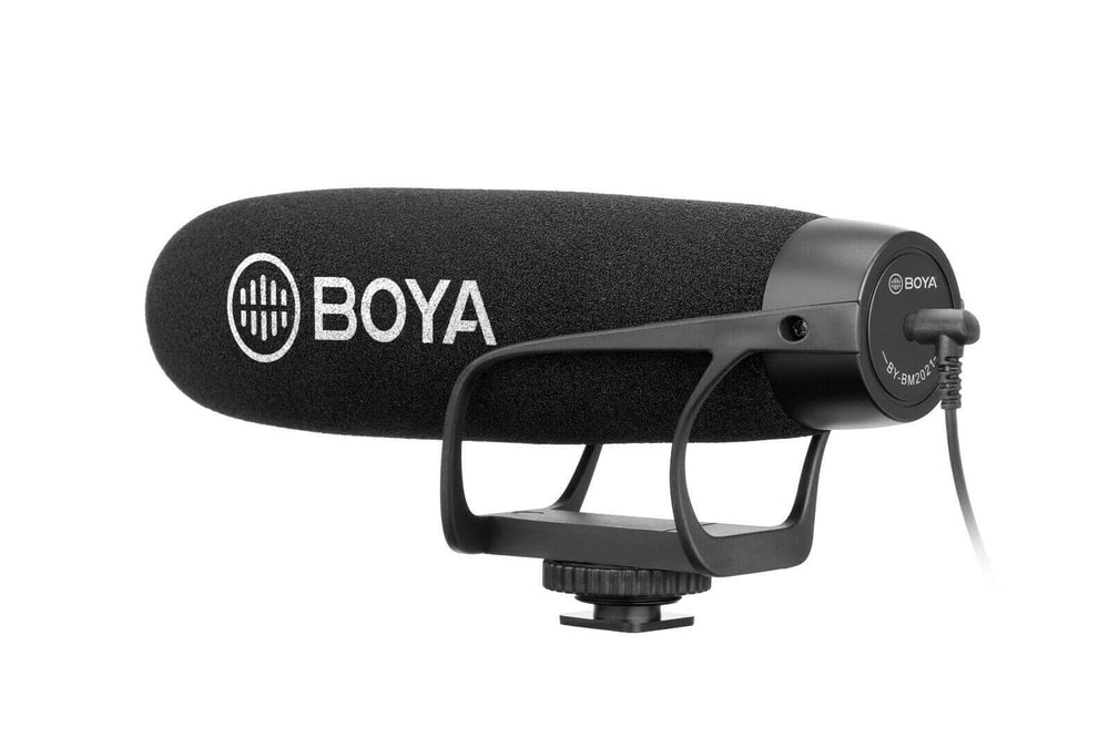 BOYA BM2021 shotgun microphone with foam windscreen for clear audio recording