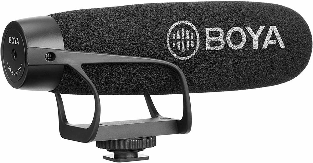 BOYA BM2021 shotgun microphone with shock mount and foam cover for clear audio recording