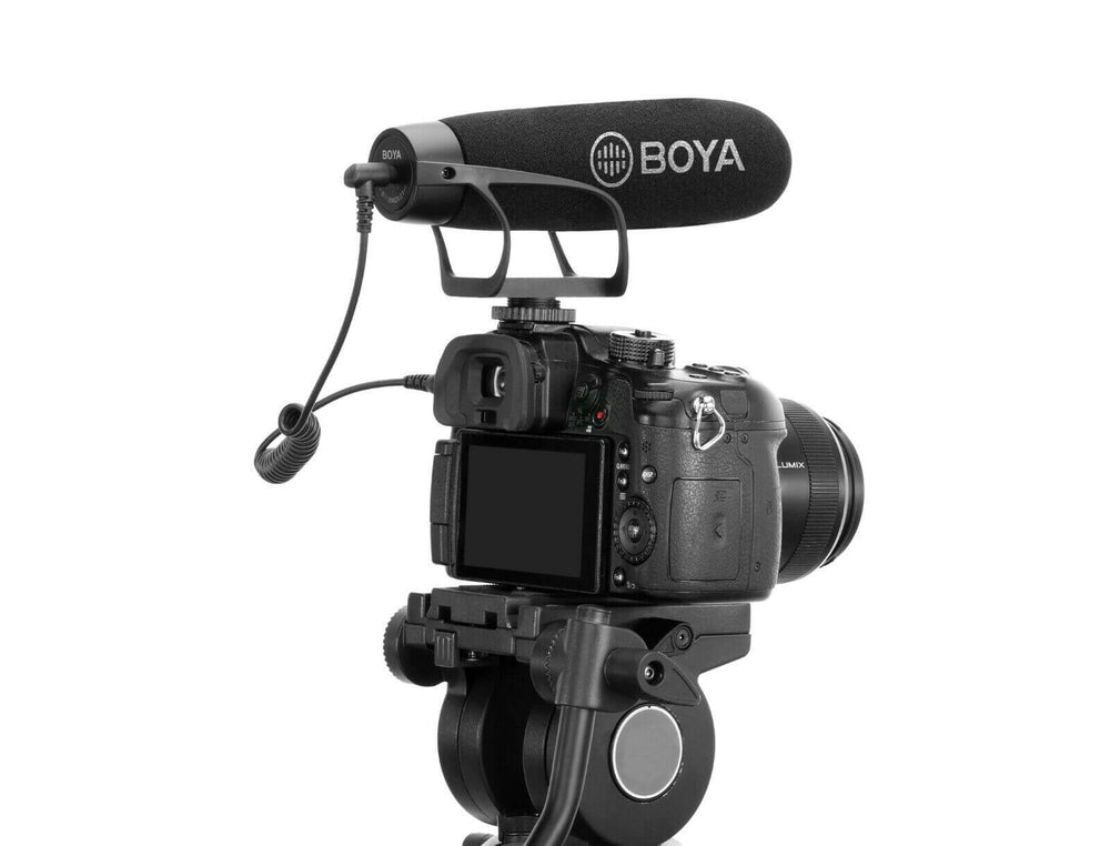 BOYA BM2021 shotgun microphone mounted on a camera for high-quality audio recording