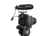 BOYA BM2021 shotgun microphone mounted on a camera for high-quality audio recording
