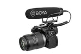 BOYA BM2021 shotgun microphone mounted on a camera for clear audio recording