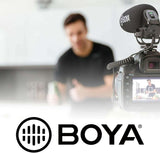 BOYA BM2021 shotgun microphone mounted on a camera with a user demonstrating its use