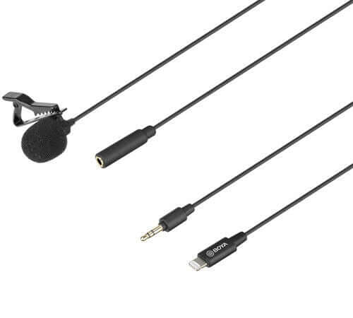 BOYA BY-M2 lavalier microphone for iPhone with clip, 3.5mm jack, and Lightning connector for clear audio recording