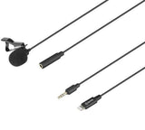 BOYA BY-M2 lavalier microphone for iPhone with clip, 3.5mm jack, and Lightning connector for clear audio recording