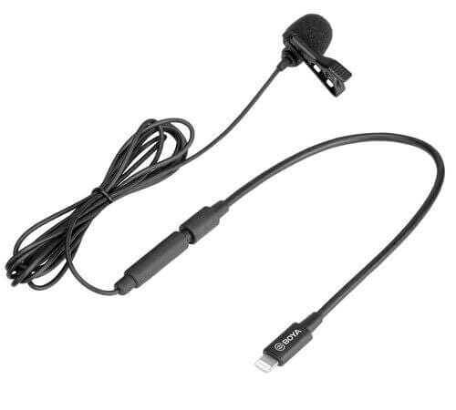 BOYA BY-M2 lavalier microphone for iPhone with clip, long cable, and lightweight design for clear audio recording