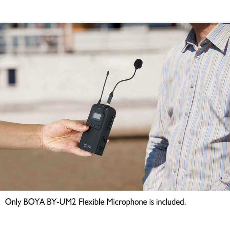 Hand holding BOYA BY-UM2 mini microphone with flexible design for clear audio capture