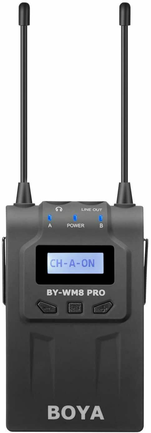 BOYA RX8 Pro wireless receiver with dual antennas and clear audio monitoring options