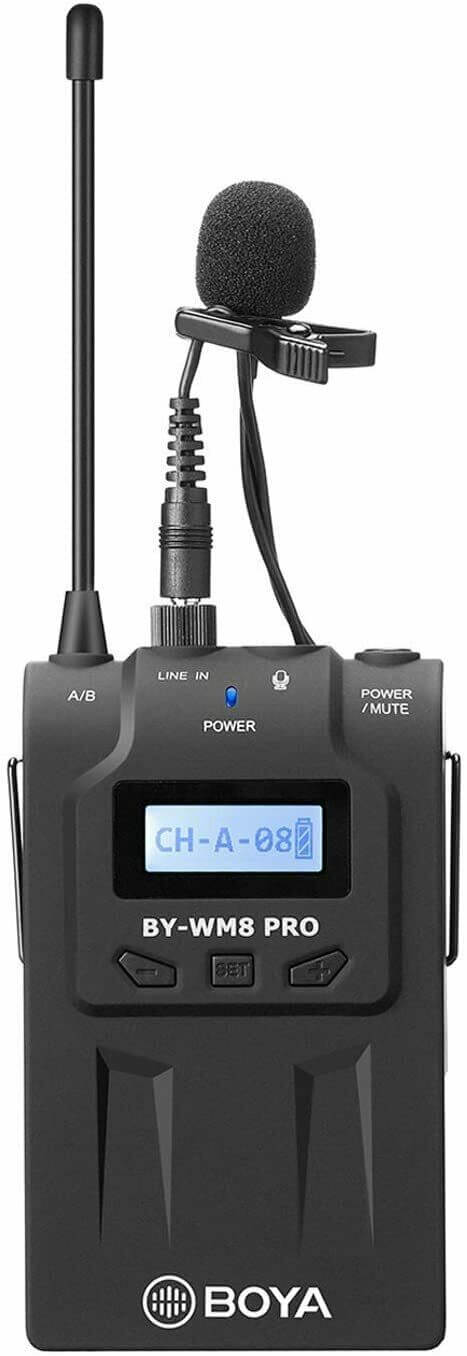 BOYA TX8 Pro Digital Wireless Transmitter BY-WM8 PRO with lavalier microphone and antenna for clear audio capture