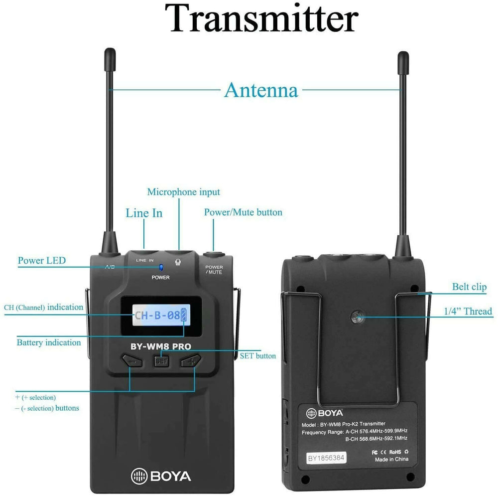 BOYA TX8 Pro Digital Wireless Transmitter with antenna, microphone input, power LED, display screen, and belt clip