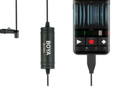 BOYA BY-OM2 USB Type-C lavalier microphone for Android with adjustable clip and recording app interface