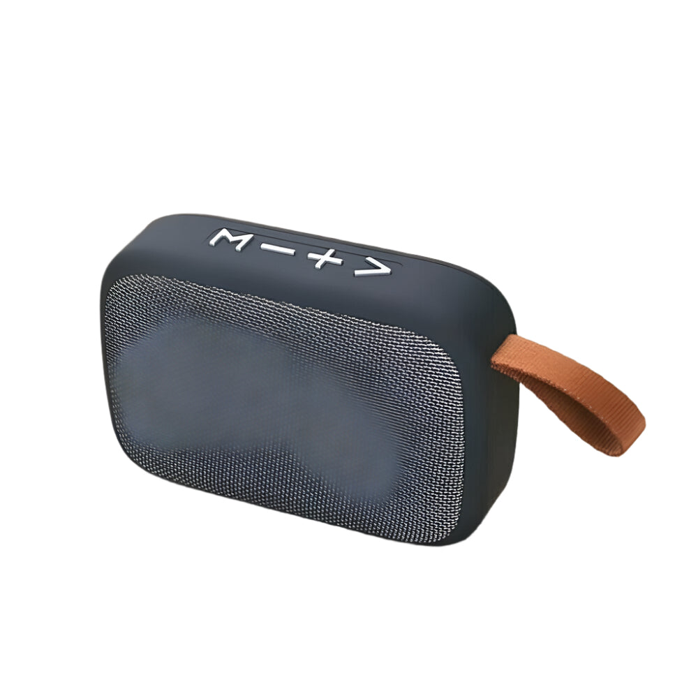 Cloth covered Bluetooth speaker in sleek design with easy-to-use controls and a carry strap