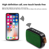 Cloth covered Bluetooth speaker next to smartphone with one-touch hands-free features