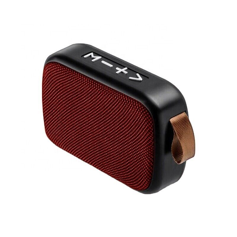Cloth covered Bluetooth speaker in red with compact design and carrying strap for portable music enjoyment