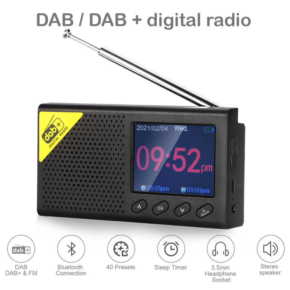 DAB digital radio portable with Bluetooth, 40 presets, and 3.5mm headphone socket