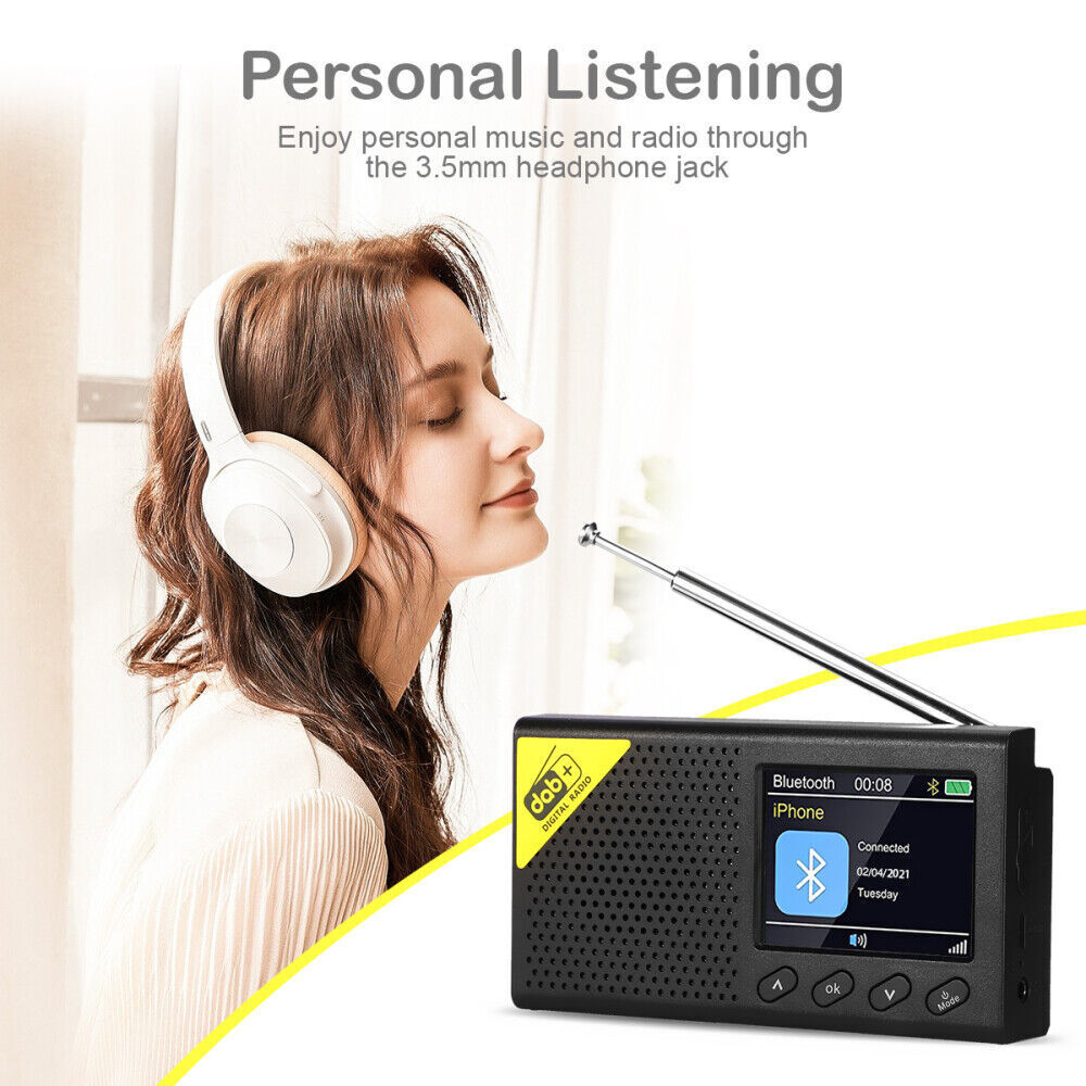 DAB digital radio portable with Bluetooth and headphone jack for personal listening enjoyment