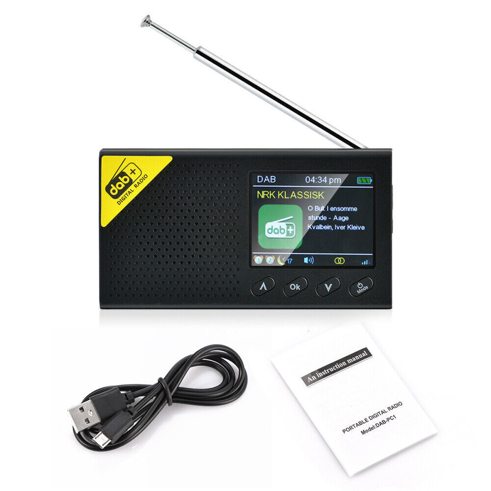 DAB digital radio portable with a sleek design, USB cable, and retractable antenna for clear reception