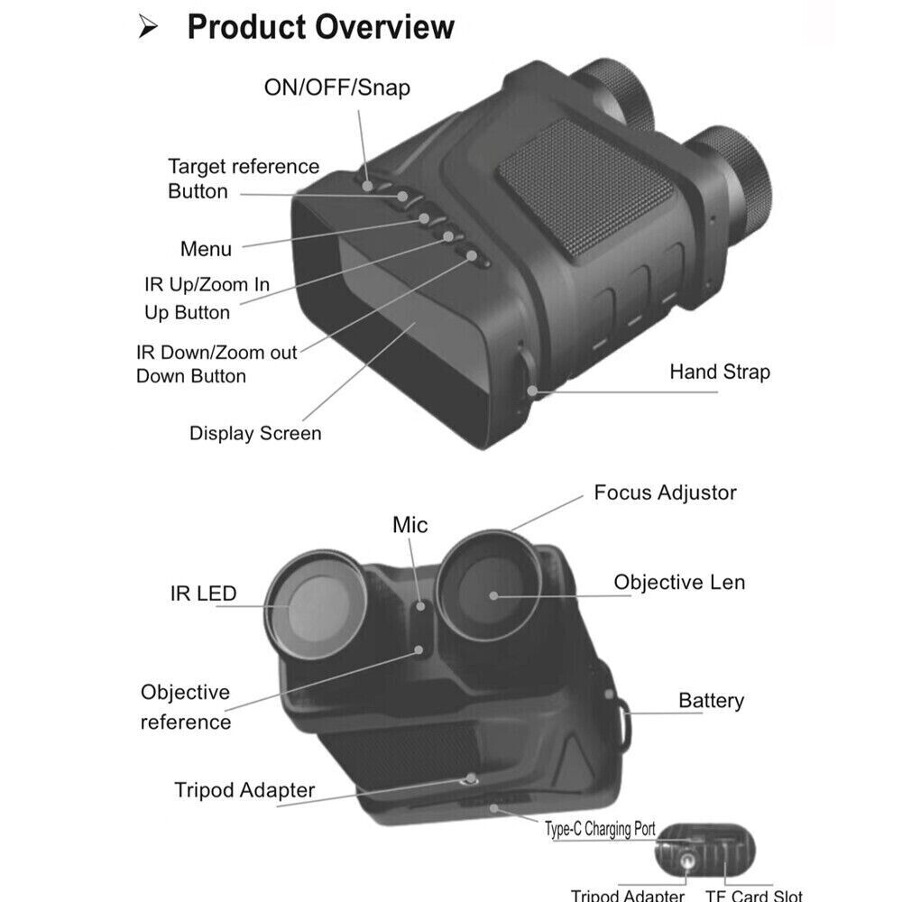 Digital night vision binoculars with adjustable focus, IR LED, and hand strap for enhanced visibility