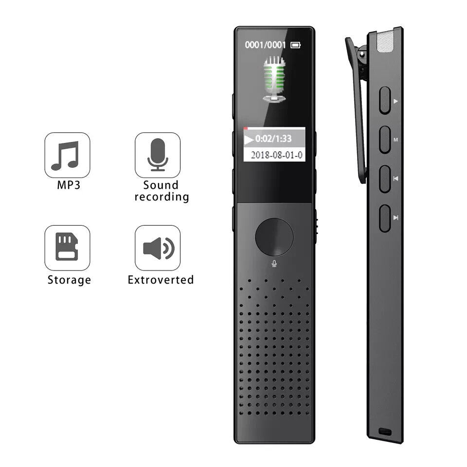 32GB digital voice recorder with sound recording, MP3 playback, and storage features