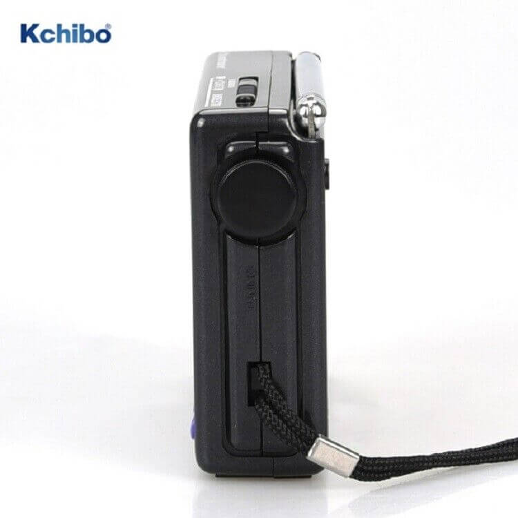 Side view of KK-909B shortwave radio UK with a sleek design and adjustable strap for portability