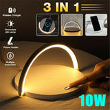 3 in 1 LED desk lamp with wireless charger and phone holder, featuring a dimmable light and touch controls