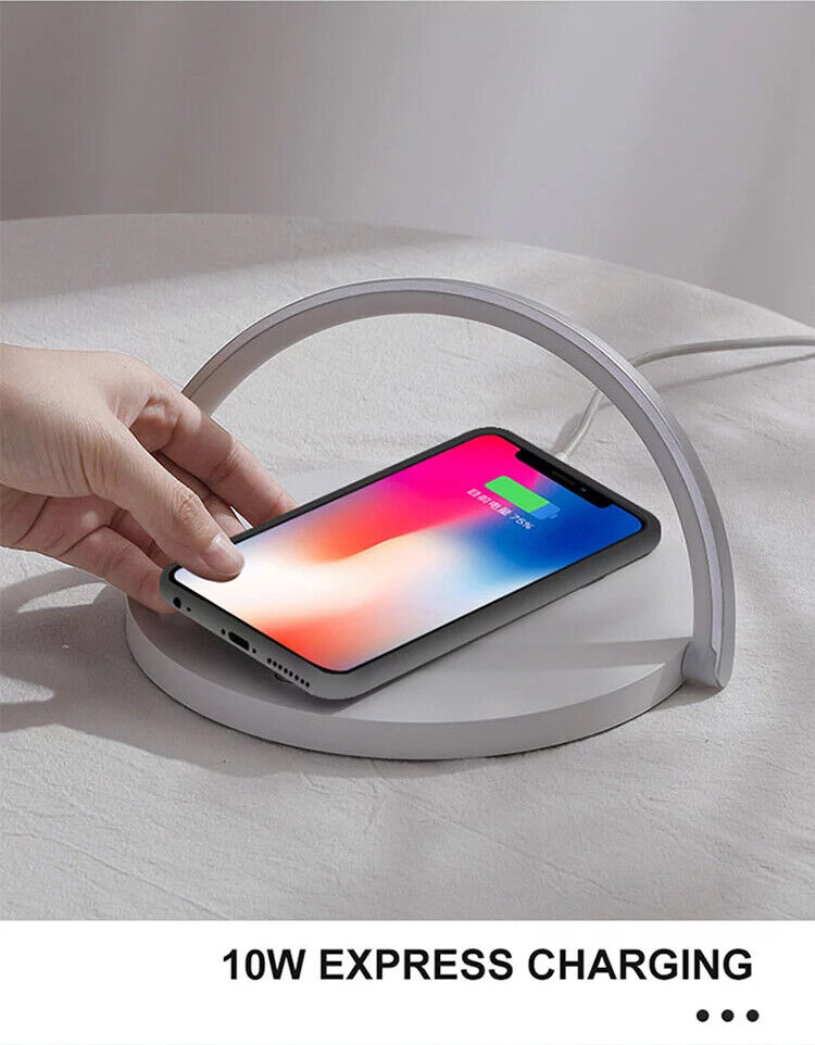 LED desk lamp with wireless charger featuring a sleek design and 10W express charging pad for convenience