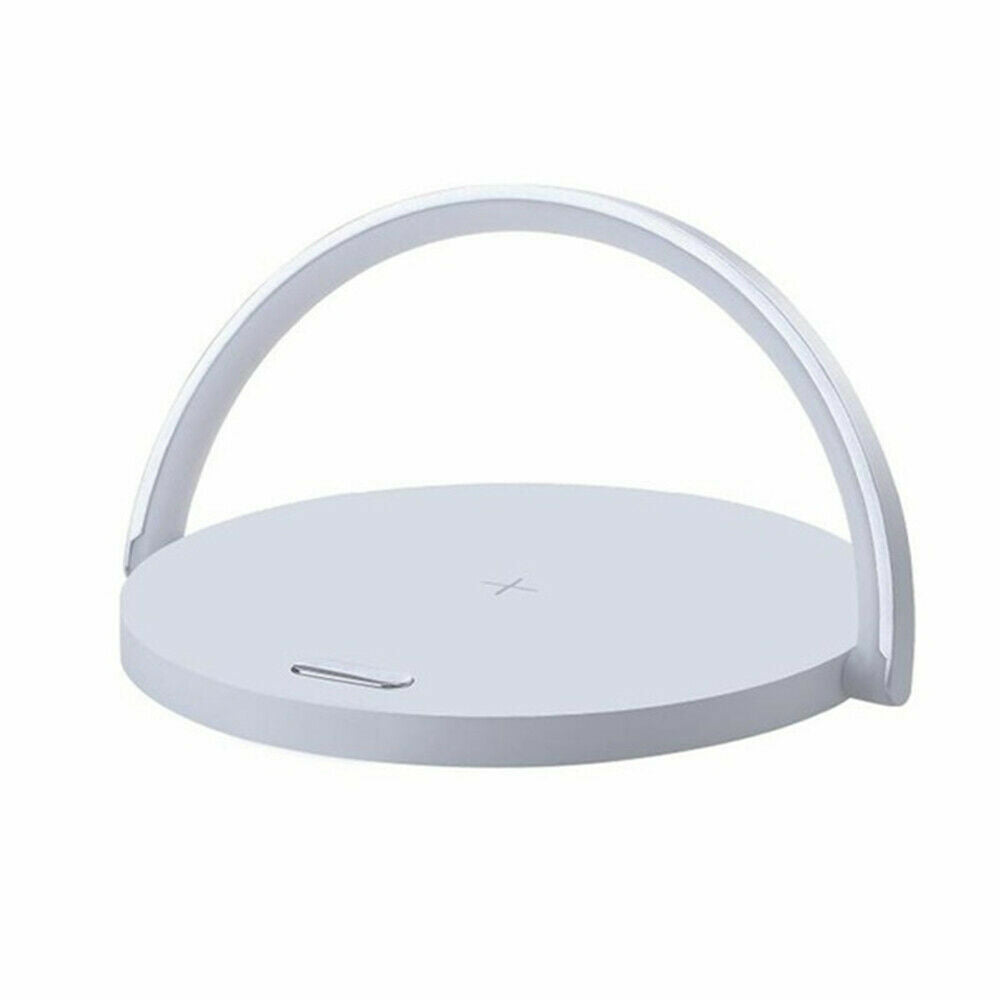 Minimalistic LED desk lamp with wireless charger featuring a sleek design and soft illumination