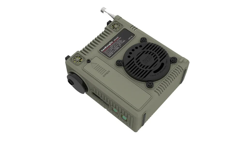 HanRongDa mini receiver radio with Bluetooth in military green design, showcasing its compact size and speaker