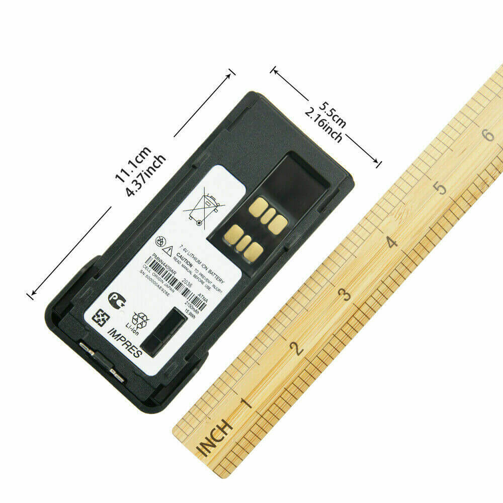 Motorola NNTN4409AR replacement battery with dimensions displayed for compatibility and installation