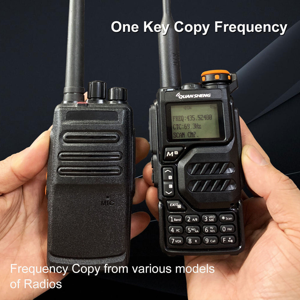 Quansheng UV-5R Plus radio UK shown with frequency copy feature and user interface