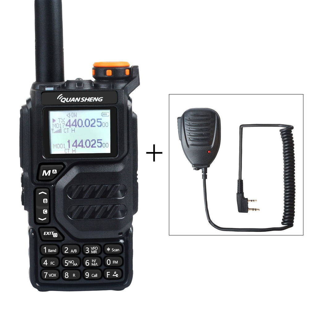 Quansheng UV-5R Plus radio UK with LCD display and attached speaker microphone for clear communication