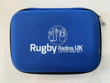 Durable blue pouch for 2.5 inch external hard drive case with Rugby Radios UK logo