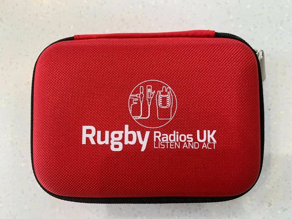Red hard drive pouch for 2.5 inch external hard drive case with zip closure and Rugby Radios UK branding
