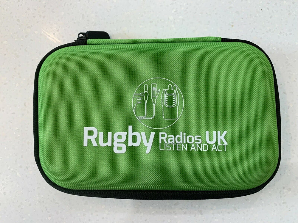 Green dustproof radio case for storing Rugby Radios UK with zip closure and durable design