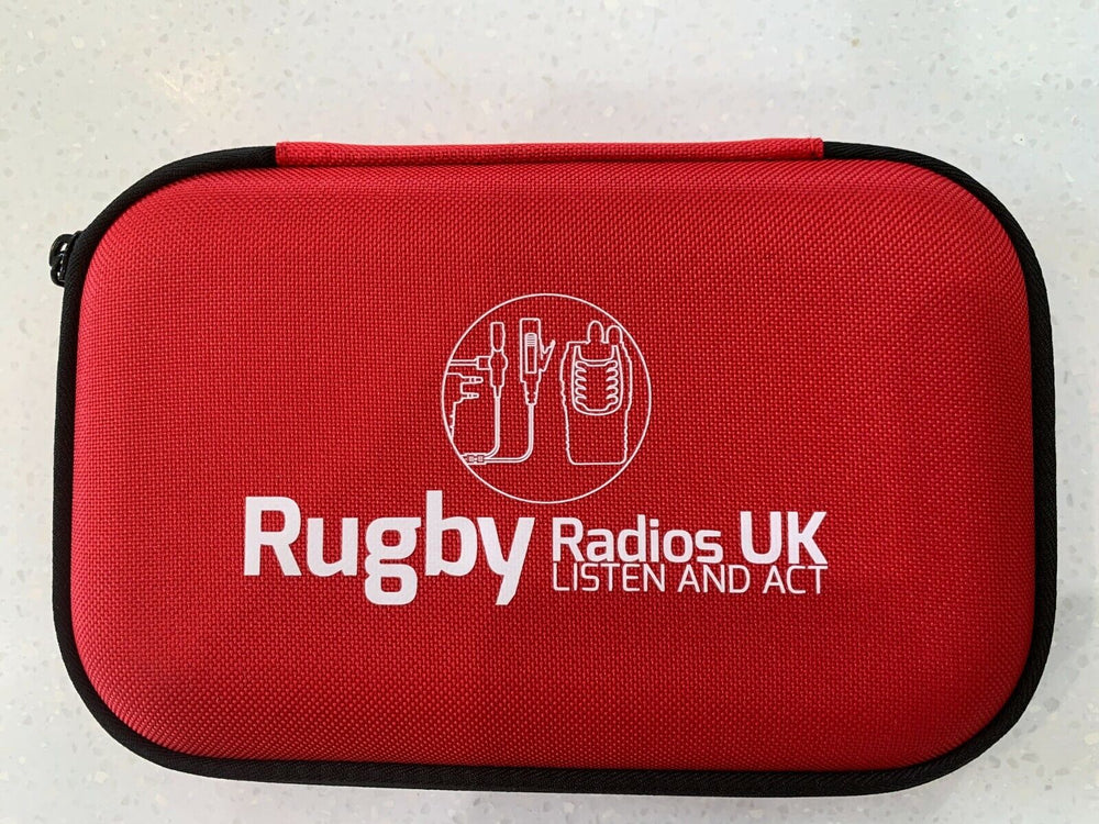 Red hard case for radios with Rugby Radios UK branding, designed as a dustproof radio case