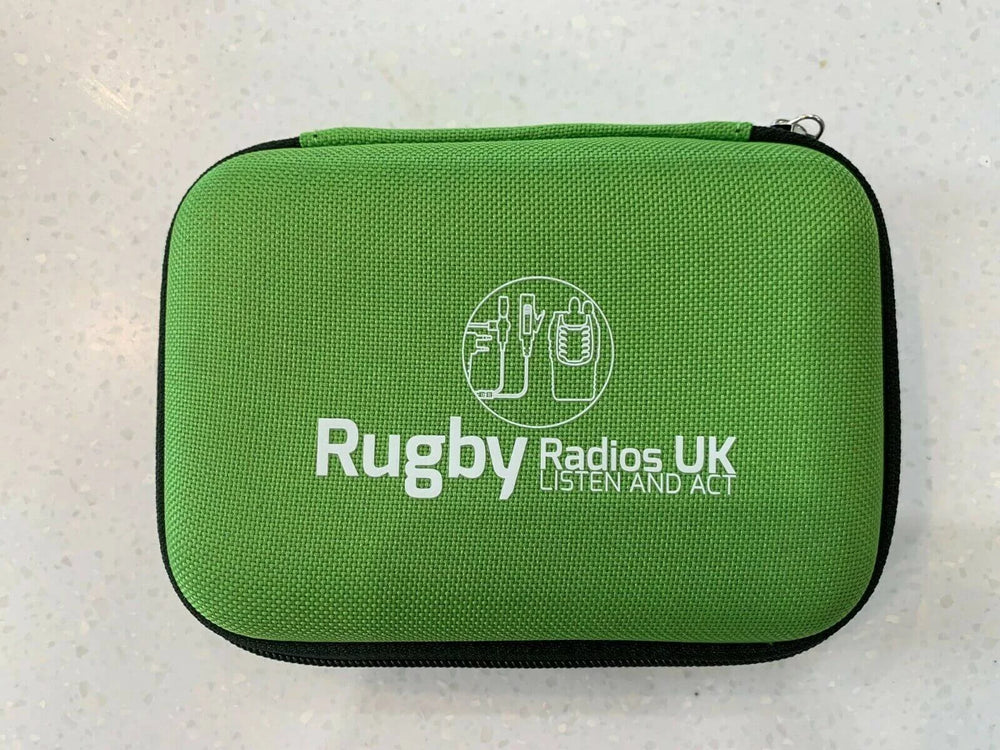 Green 2.5 inch external hard drive case with Rugby Radios UK logo and zip closure for storage