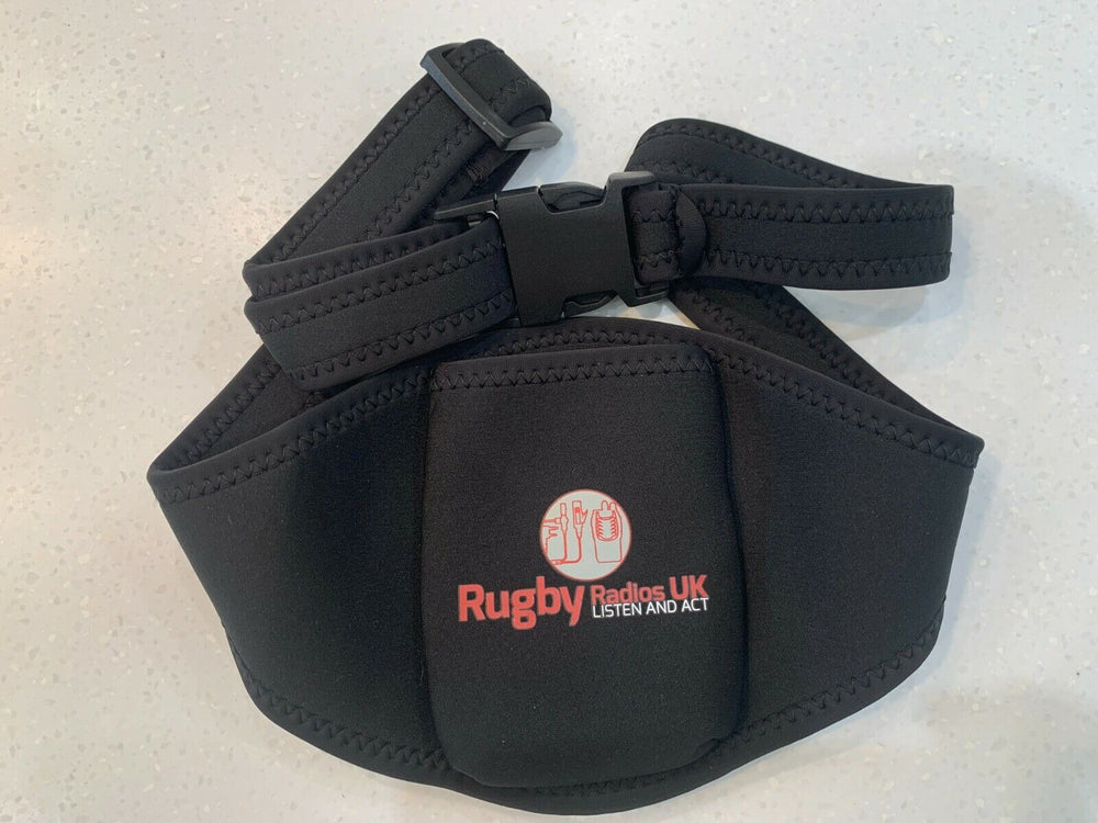 Black neoprene holder for a radio mic beltpack for sport with adjustable straps