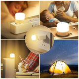 USB LED mini night light in various settings, perfect for bedside or camping use