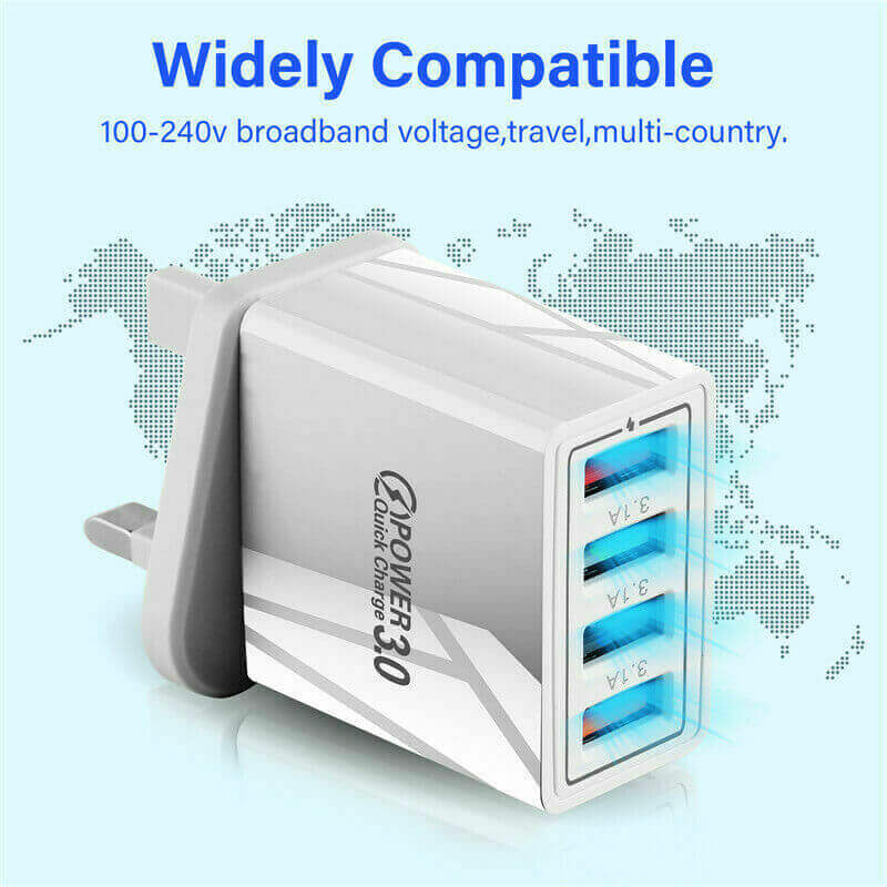 4 port USB wall charger UK with multi-country compatibility for rapid device charging