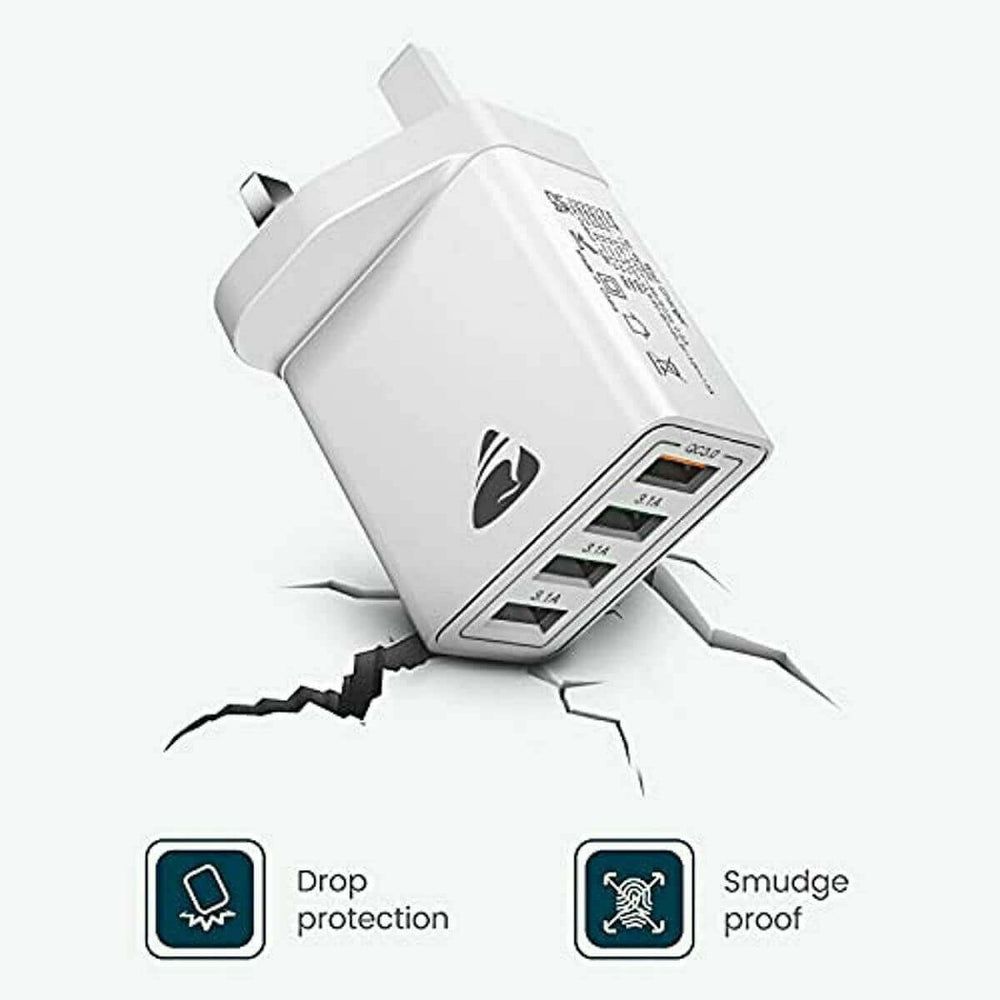 4 port USB wall charger UK with drop protection and smudge-proof design for efficient charging