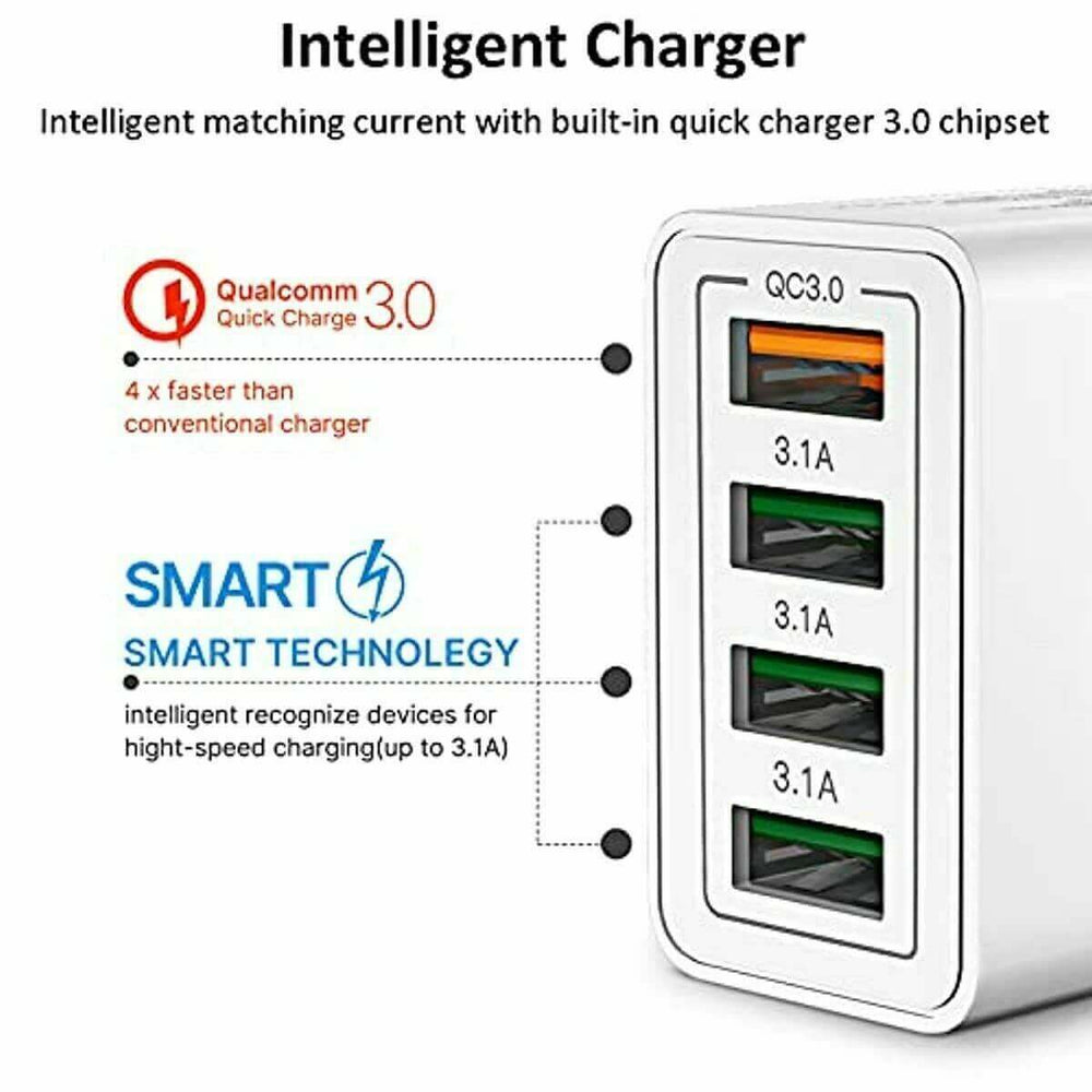 4 port USB wall charger UK with intelligent matching current and Qualcomm Quick Charge 3.0 technology