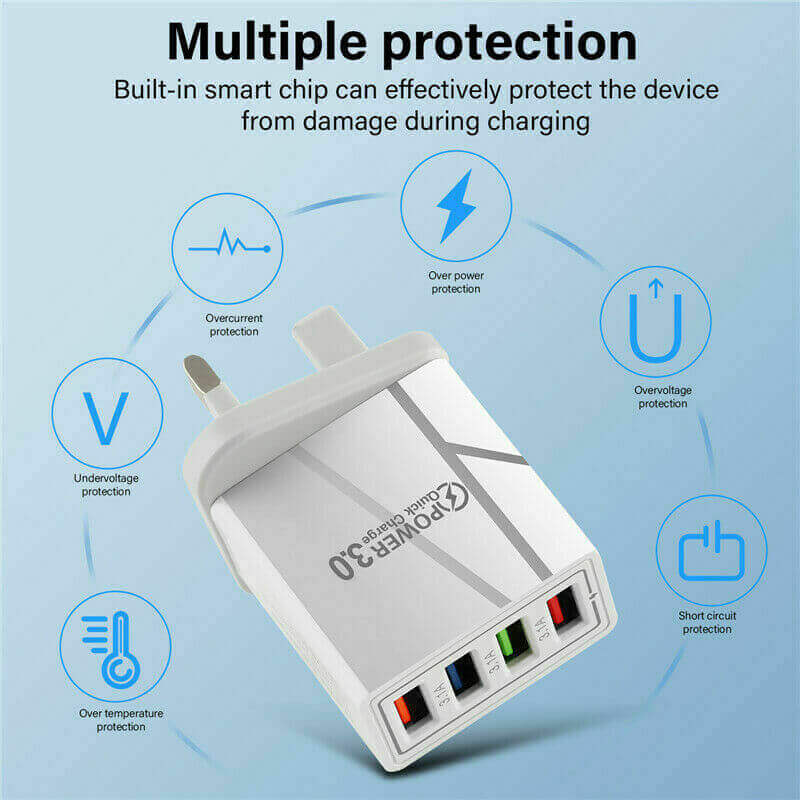 4 port USB wall charger UK with smart chip for safe and fast device charging