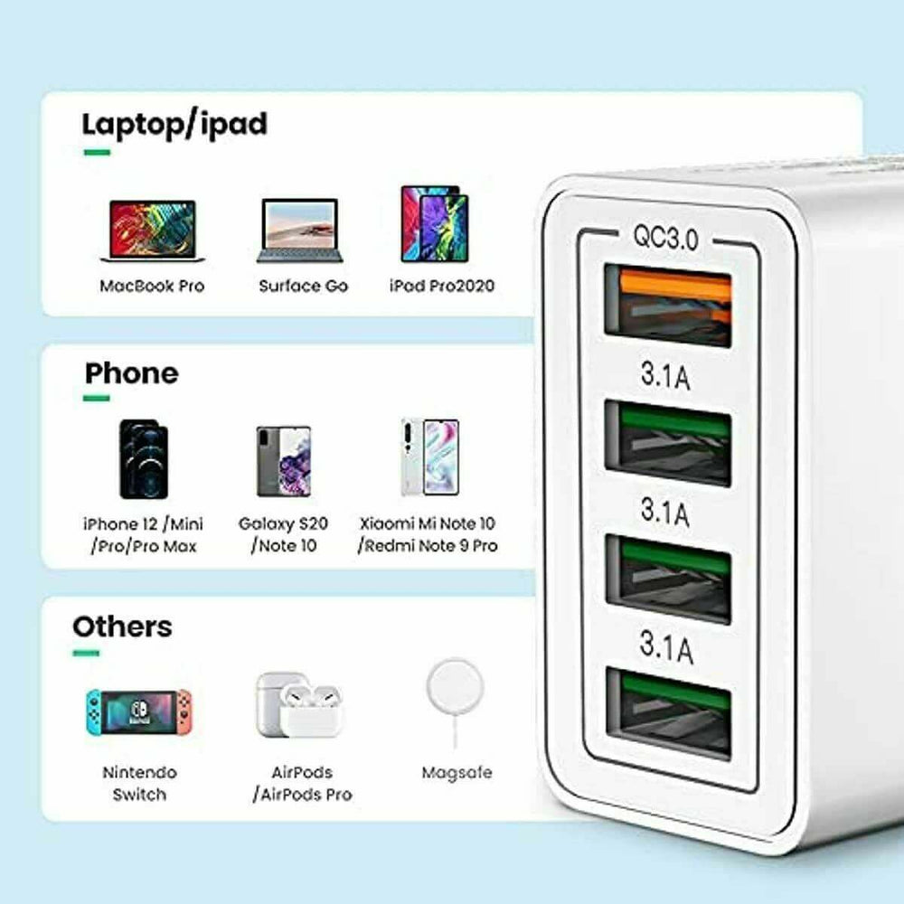 4 port USB wall charger UK with quick charge features for multiple devices including phones and tablets