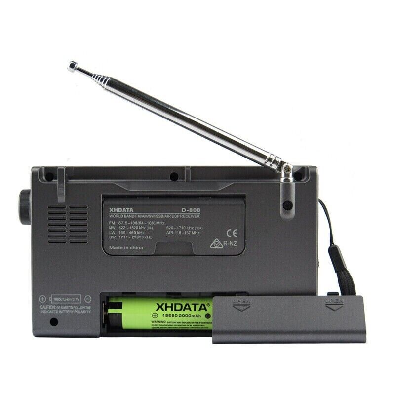 XHDATA D-808 digital radio with extendable antenna and rechargeable battery compartment