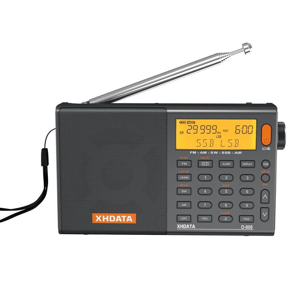 XHDATA D-808 digital radio featuring AM FM bands, built-in speakers, and a telescopic antenna