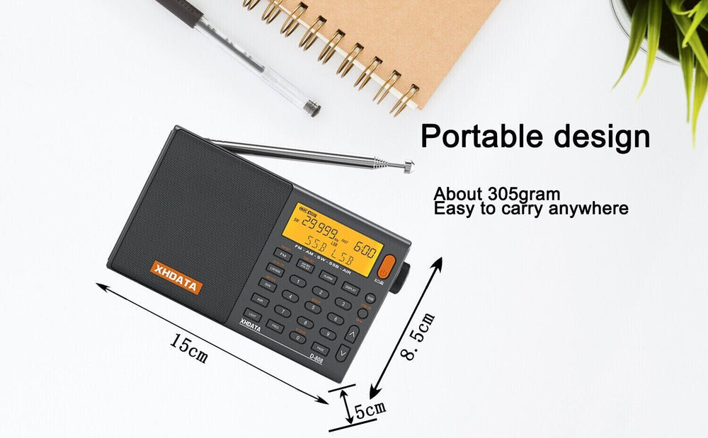 XHDATA D-808 digital radio in portable design, easy to carry, with clear display and adjustable antenna